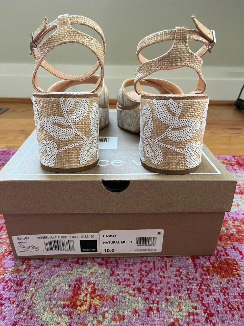 Eniko Dolce Vita Beige & White Sequin Platform Sandals with Ankle Strap